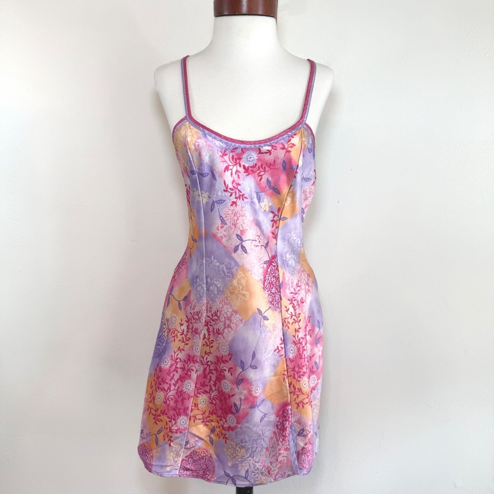 Y2K Floral Satin Slip Dress Pink Purple Coquette 90s Feminine Barbiecore Small